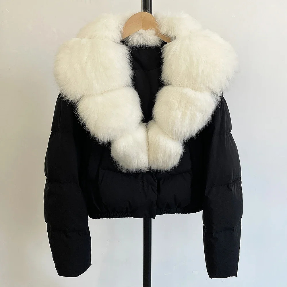 Artificial Fur Winter Clothes Women Big Faux Fur Collar Puffer Jacket Fashion Short White Duck Down Coat Fake Fur Top Parkas 250917