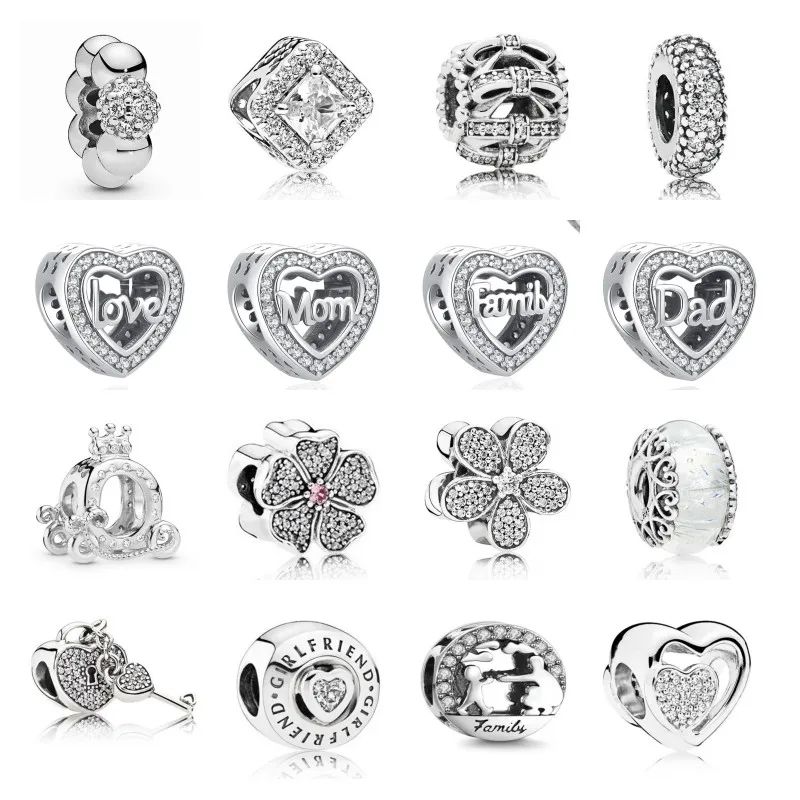 Designer Beads 925 Silver Charm for Bracelet Charm Silver Fit Original Bracelet White Stone Collection Heart Wing Cros Charm Bead DIY Birthday Jewelry Gift