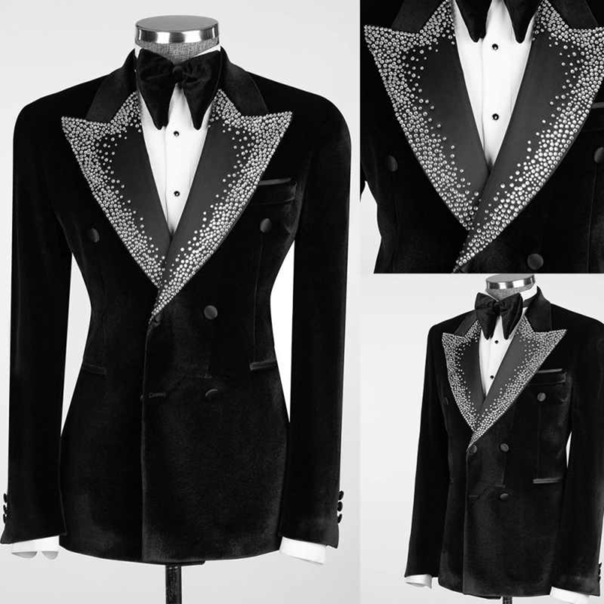 Elegant Wedding Tuxedos Blazer Pants Peak Lapel Double Breasted Crystal Rhinestone Formal Party Special Occasion Customized