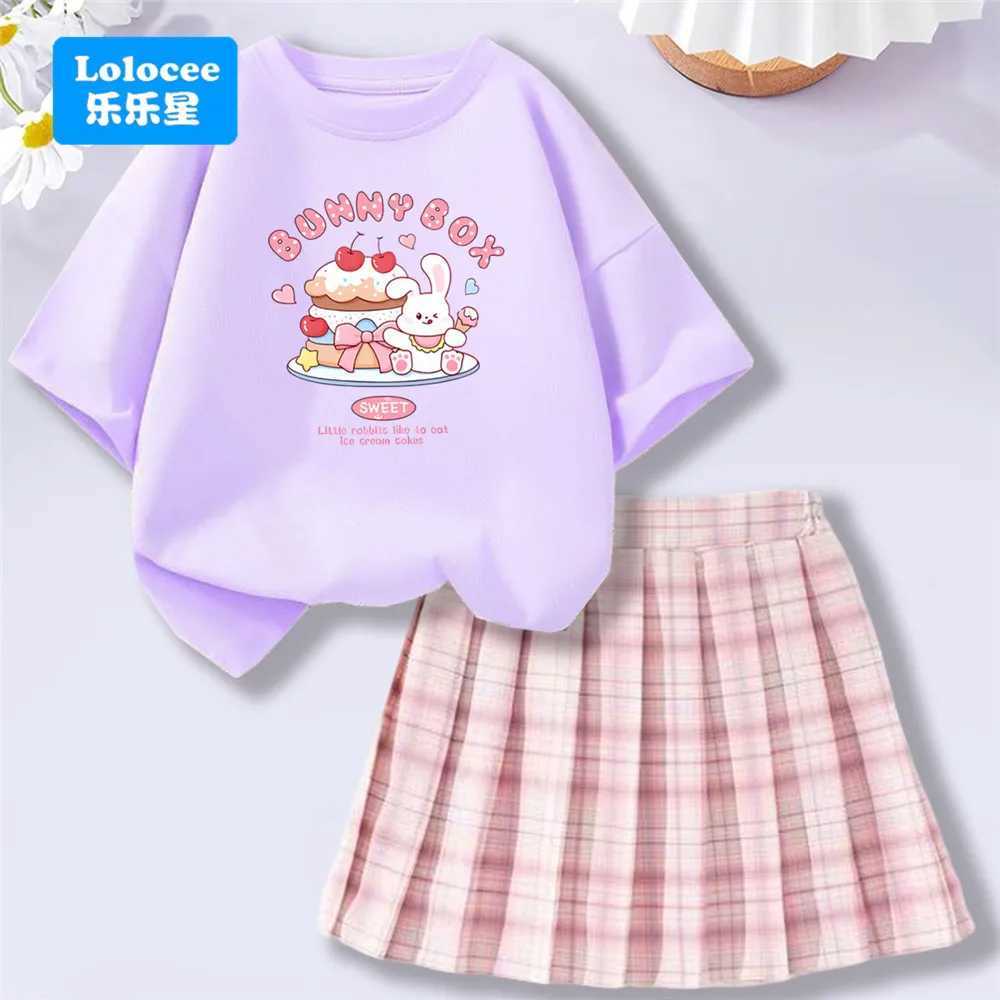 Kids Fashion Summer School Outfit Bunny Cake TShirt top Plaid Skirt 2 piece Set Cute Girls Clothes L2509263LAU