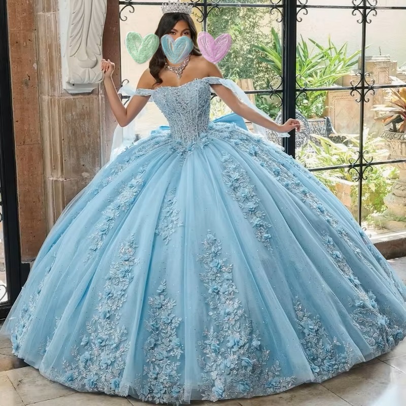 Mexico Sky Blue Ball Gown Quinceanera Dress Floral Appliques Sequins Beaded Tull Off Shoulder Sweet 16 Vestido De 15 Anos
