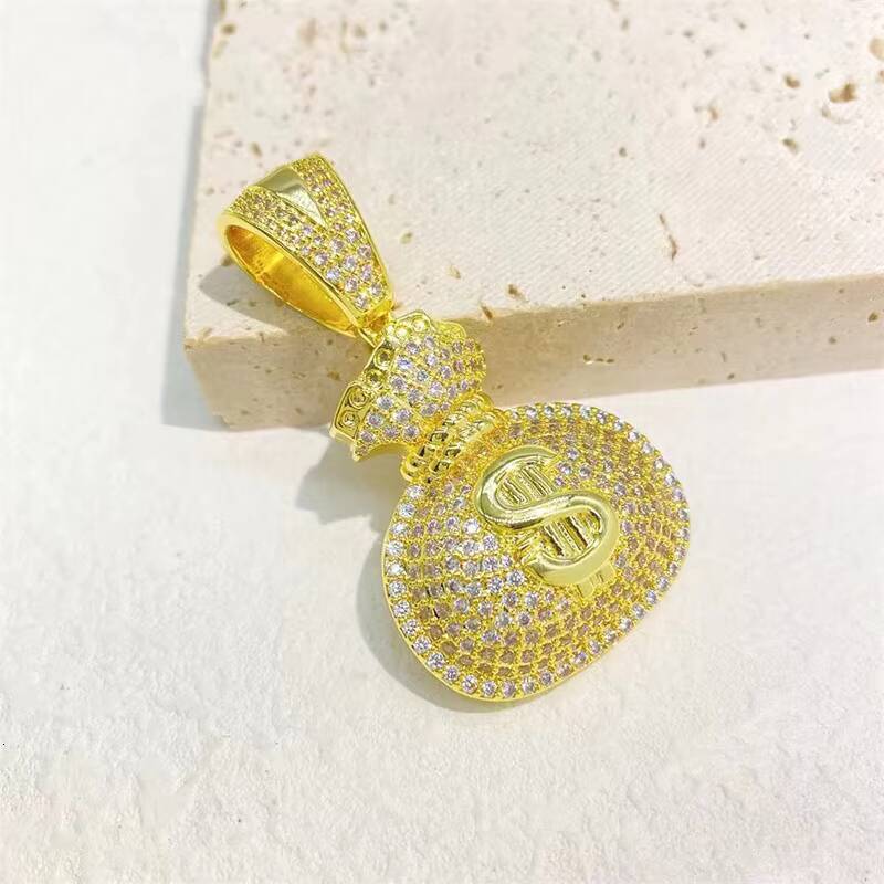 New Arrivals Hip Hop Iced Out Jewelry Vvs Moissanite 14k 18k Gold Plated Money Bag Custom Fine Silver Dollar Sign Pendant