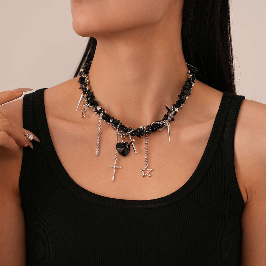 Collarbone Necklace Star Inlaid Dia Cross Heart Artificial Stone Personality Niche Elegant High-end Collarbone Necklace for Women