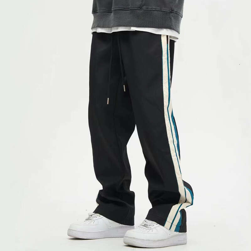 Drapey Wide-Leg Straight Men's Trendy Versatile Loose Casual Sports Long Pants Patchwork Color-Block Striped Sweatpants B5
