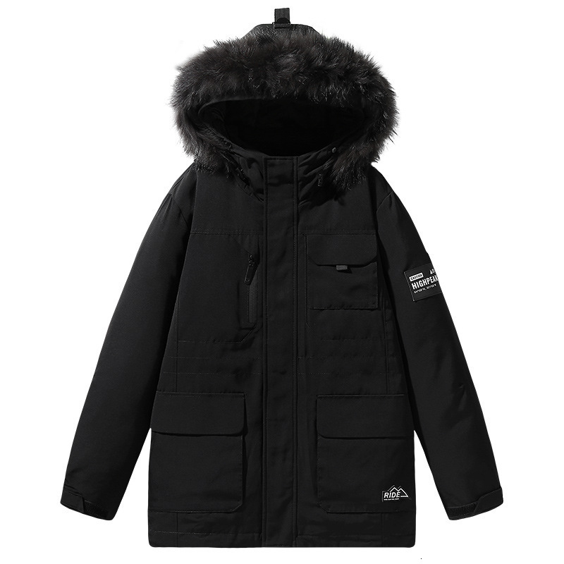 Winter Down Jacket Men Short Trendy Brand 90 White Duck Down Hooded Coat Trendy Brand Solid Color Convertible Large Fur Collar