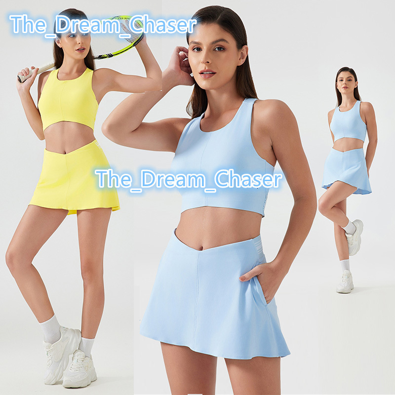 Sports Top Tennis Skirts 2 Pieces Tennis Wear with Pocket Activewear Quick Drying Gym Fitness Yoga Tennis Skirt Set for Women
