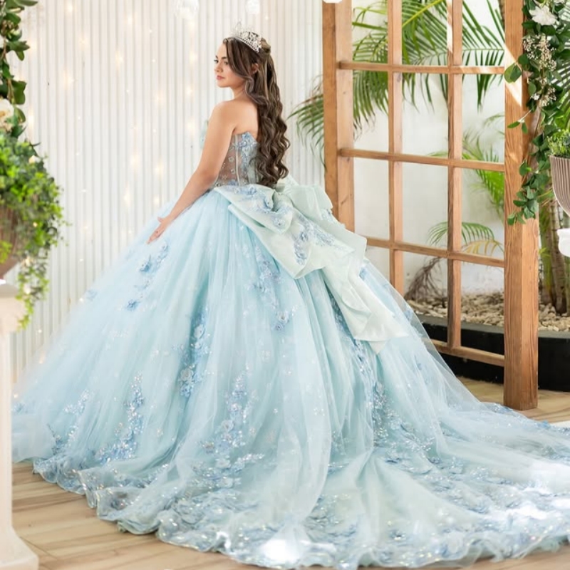 Sky Blue Shiny Quinceanera Dresses Off The Shoulder Applique Flower Beads Corset Tull Party Birthday Sweet 16 Dress Vestidos 15 De Anos