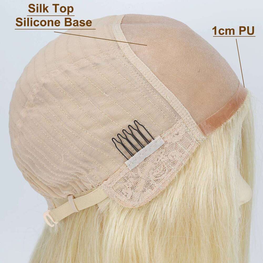 16inch Silk Top without Lace Front #613 Real Virgin European Human Hair Wig with 1cm PU Silicone Base Natural Scalp