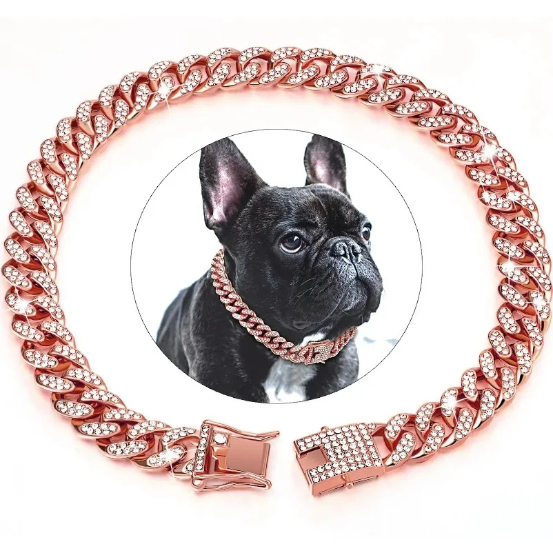Pet Diamond Collar Elegant Dog Diamond-Studded Cuban Link Chain Collar - Durable Metal with Secure Buckle for Cats & Dogs