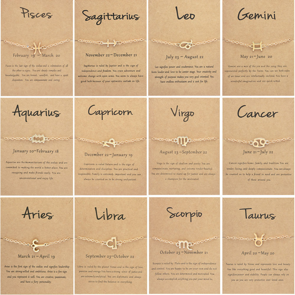 Zodiac Charm Bracelets for Women 18K Gold Plated 12 Horoscope Link Bracelet Hand Chain Accessories Constellation Wedding Jewelry Gift with Wish Card J
