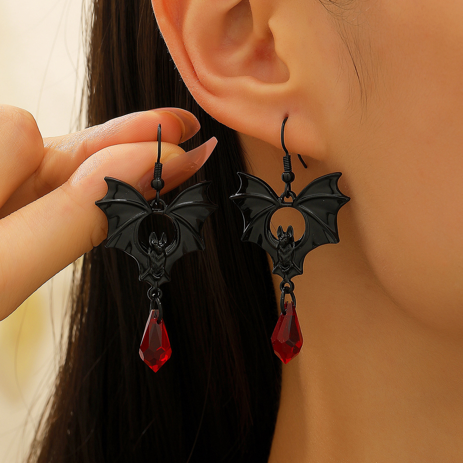 Dark Gothic Style Black Bat Red Crystal For Women Halloween Earrings
