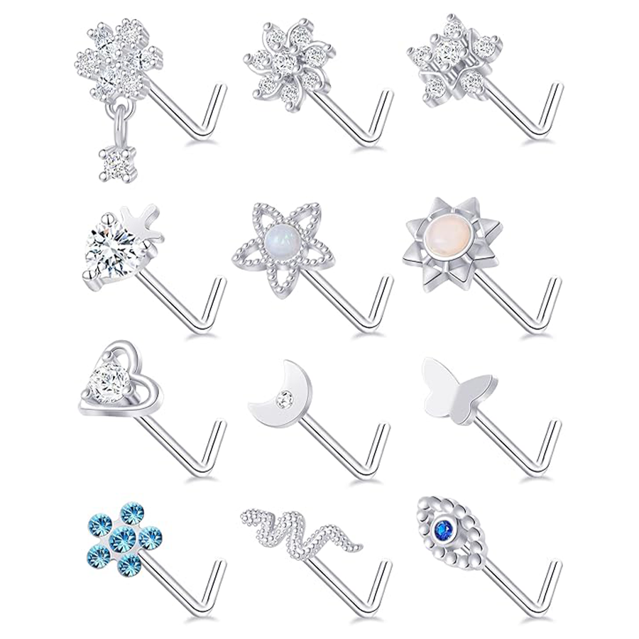 12Pcs Nose Rings Stud L Shape Cubic Zirconia Butterfly Flower Eye Moon Butterfly Heart Snake Shape Nose Studs Piercing Jewelry Silver Plated 20G