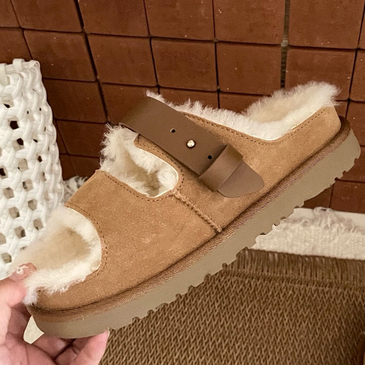 (Order by pic in opt, not by desc) Shearling Slippers - Genuine Sheepskin Fur-Lined House Shoes with Anti-Slip Rubber Sole Cozy Warm Footwear for Indoor Light Outdoor Use