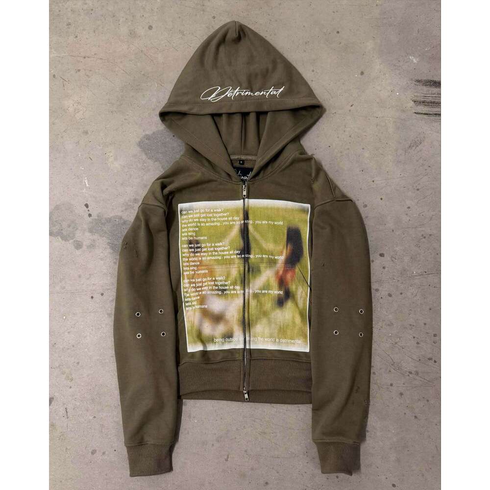 New High Street Trend Unisex Abstract Print Loose Casual Versatile Hooded Zipper Sweatshirt