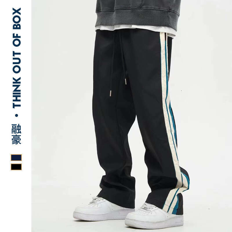 Drapey Wide-Leg Straight Men's Trendy Versatile Loose Casual Sports Long Pants Patchwork Color-Block Striped Sweatpants B5