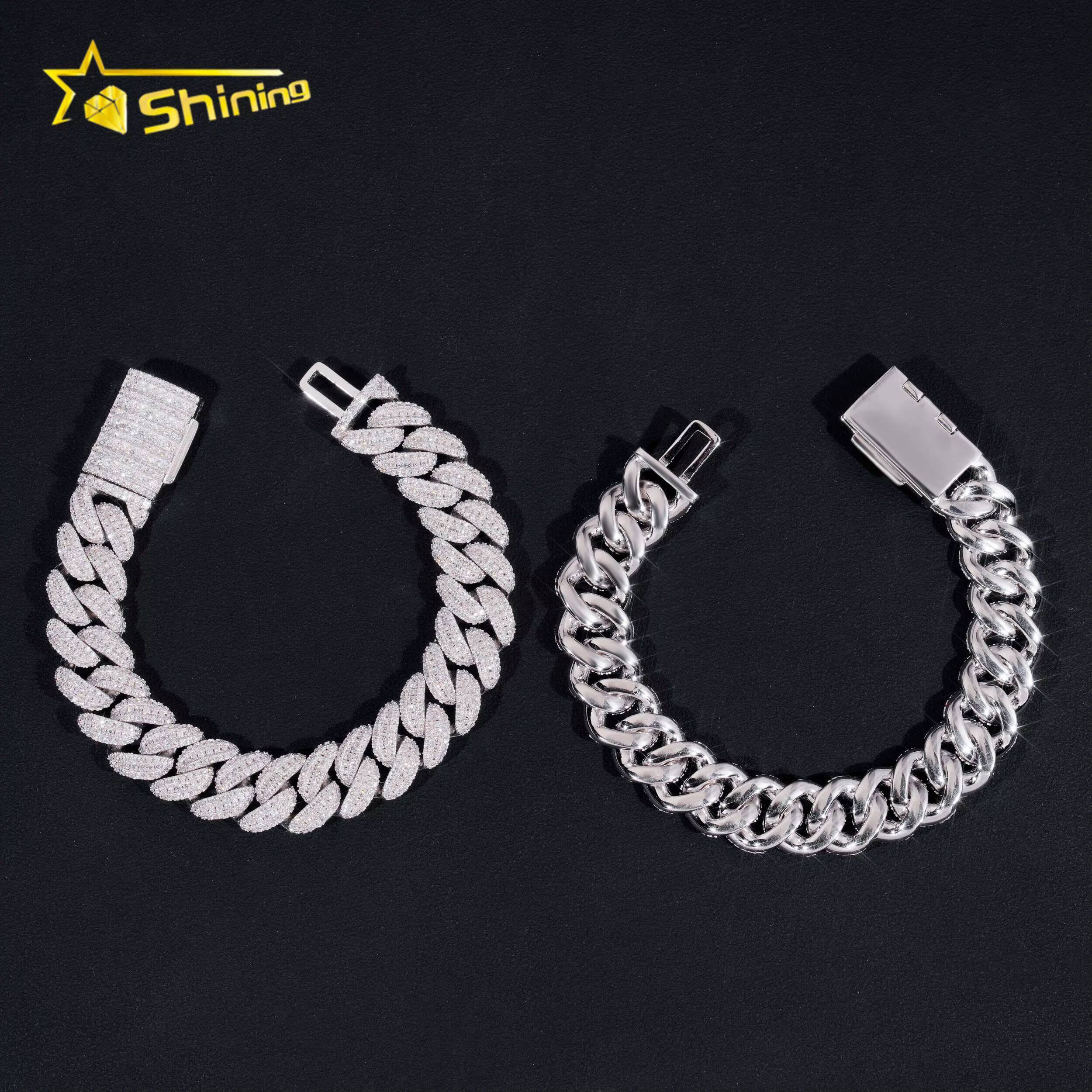 Hot Selling 13MM Moon Shape Cuban Chain Silver 925 Iced Out Hip Hop Jewelry Moissanite Cuban Link Bracelet Men
