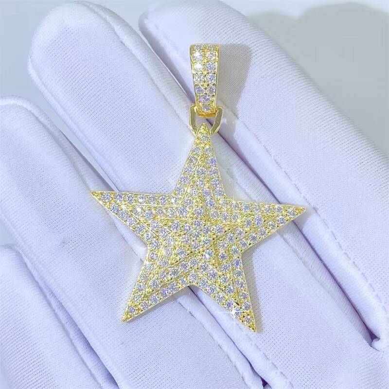 New S925 Sterling Silver Inset Moissanite Shiny Pentagon Star Necklace INS Hipster Cool Hip Hop Pendant