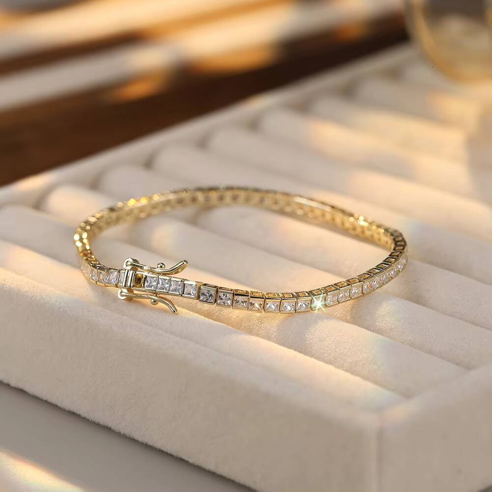 RINNTIN SB144 S925 Sterling Silver Rhodium Plated Bezel Setting 2mm Princess Cut CZ Casting Tennis Bracelet for Women