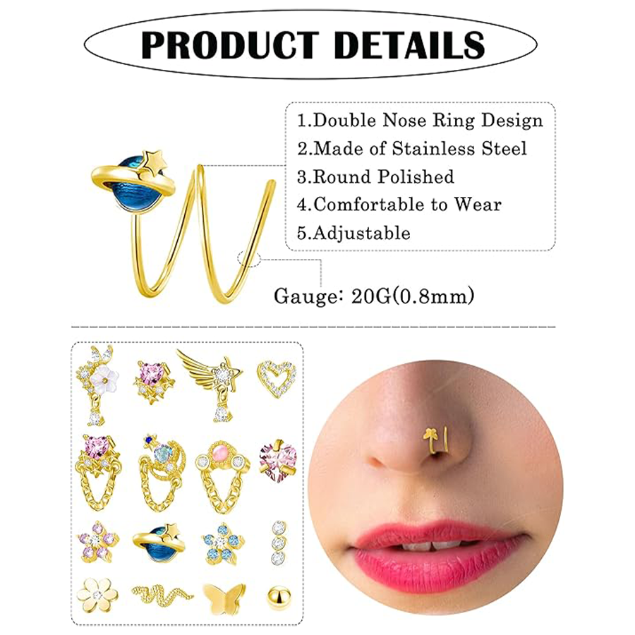16PCS Nose Ring Hoop Stainless Steel Dangle Spiral Nose Rings Snake Flower Butterfly Wings Heart Ball Twist Earring Hoops Body Piercing Jewelry