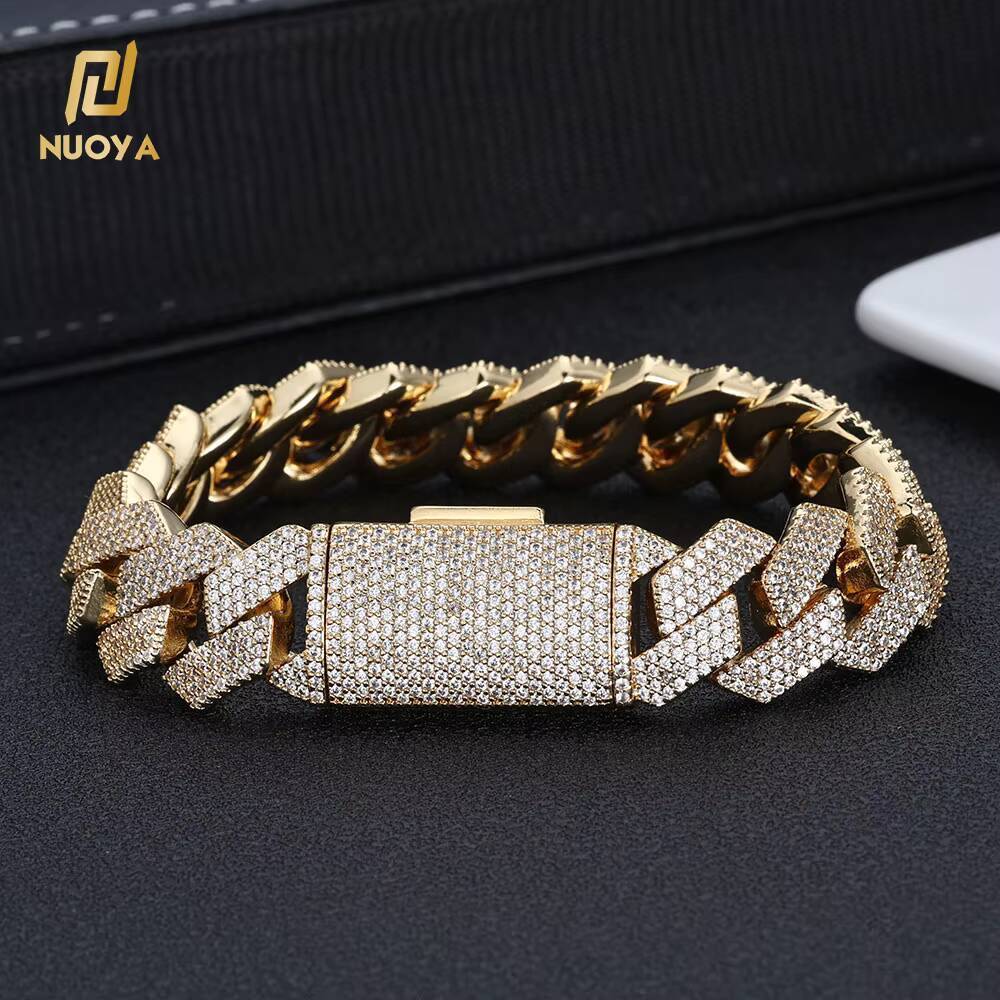 NUOYA 15mm 4 Rows Silver Plated Prong Set Miami Cuban Link Bracelet Iced Out Diamond Round Cut CZ Stones Hip Hop Jewelry