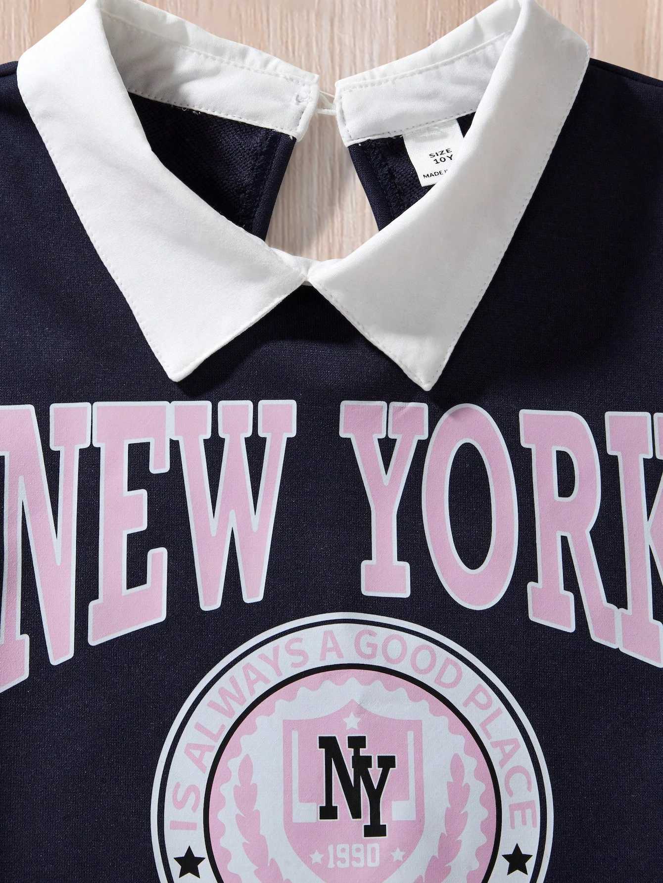 Girls Casual Preppy Dress Pink Long Sleeve Spring Autumn Fashion Outdoor Letter Print Lapel Pleated Skirt 2pc Set L250926MN68