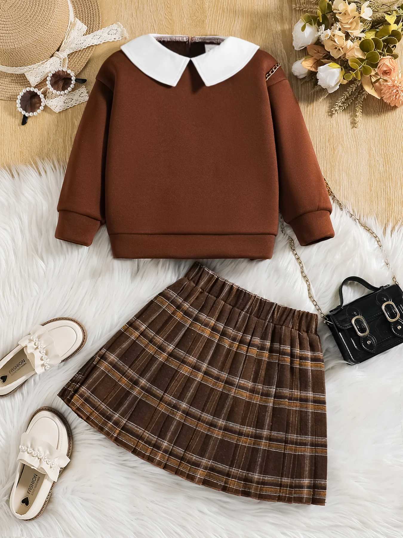 Childrens clothing for spring and autumn girls fashion cute solid color set lapel long sleeved topplaid pleated skirt two L250926EIQS