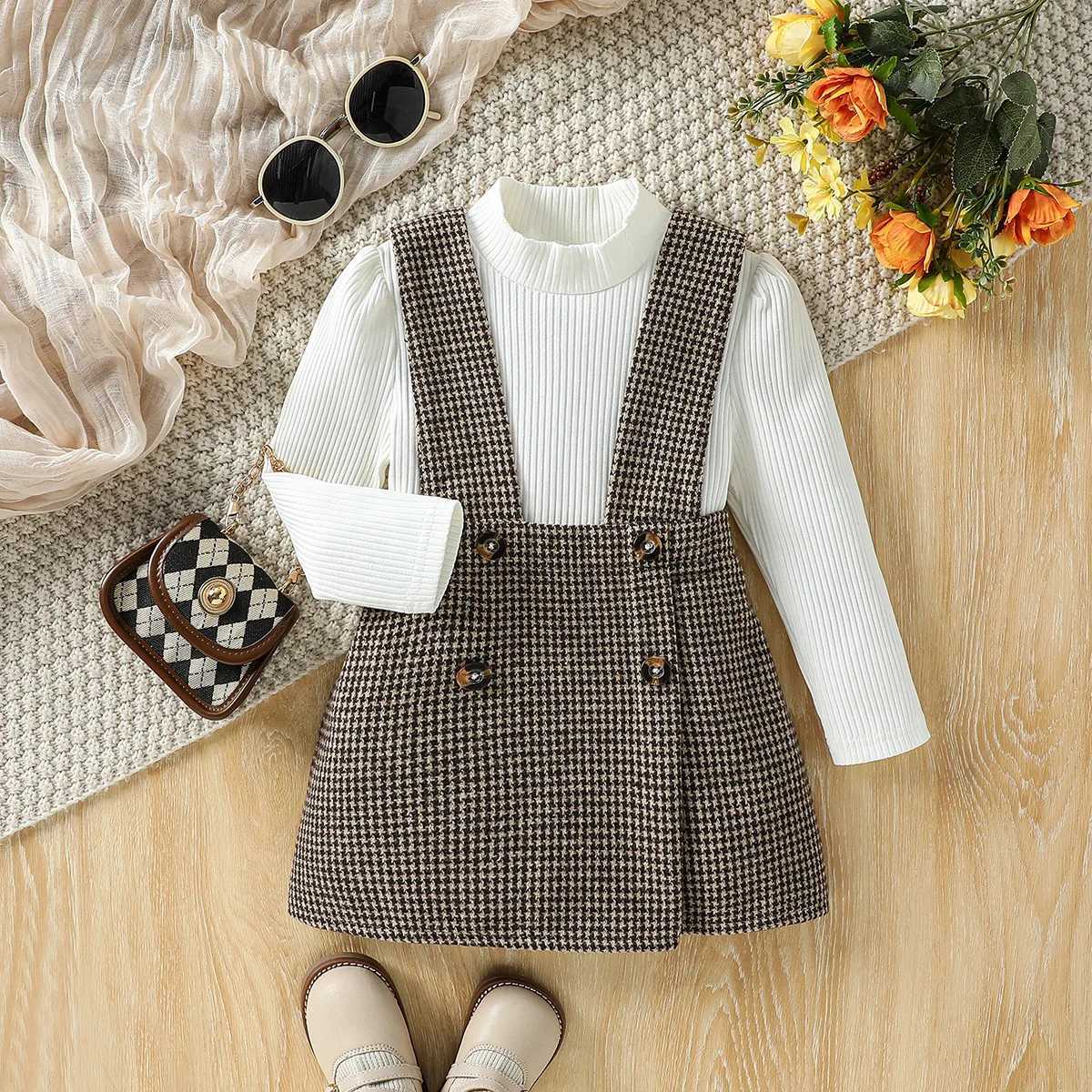 26 Years Kid Girl Solid Long Sleeve Top Plaid Strap Skirt Set Fashion Cute All Match Wear Autumn Winter Party Outifit Clothes L2509268I1I