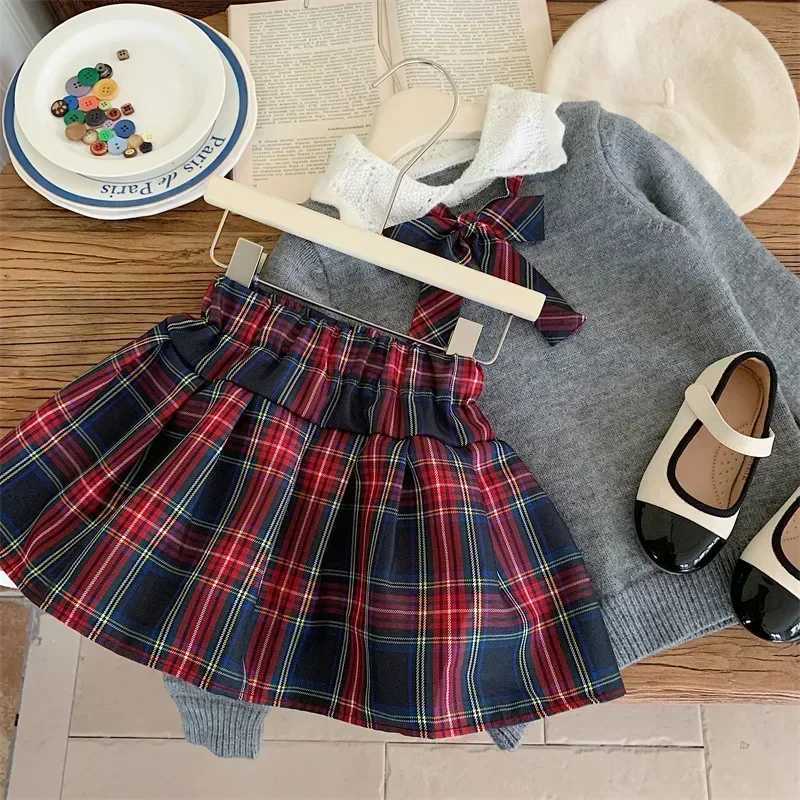 2025 Kids Boutique Clothes Girls Gray Sweater Plaid Skirt 2Piece Set Kawaii Knitwear Baby Girl Outfit L250926G56D