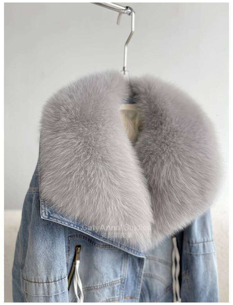 Spring 2025 New Womens Coats Real Fox Fur Collar Fashion Short Denim Jacket Goose Down Puffer Jackets 100% Natural