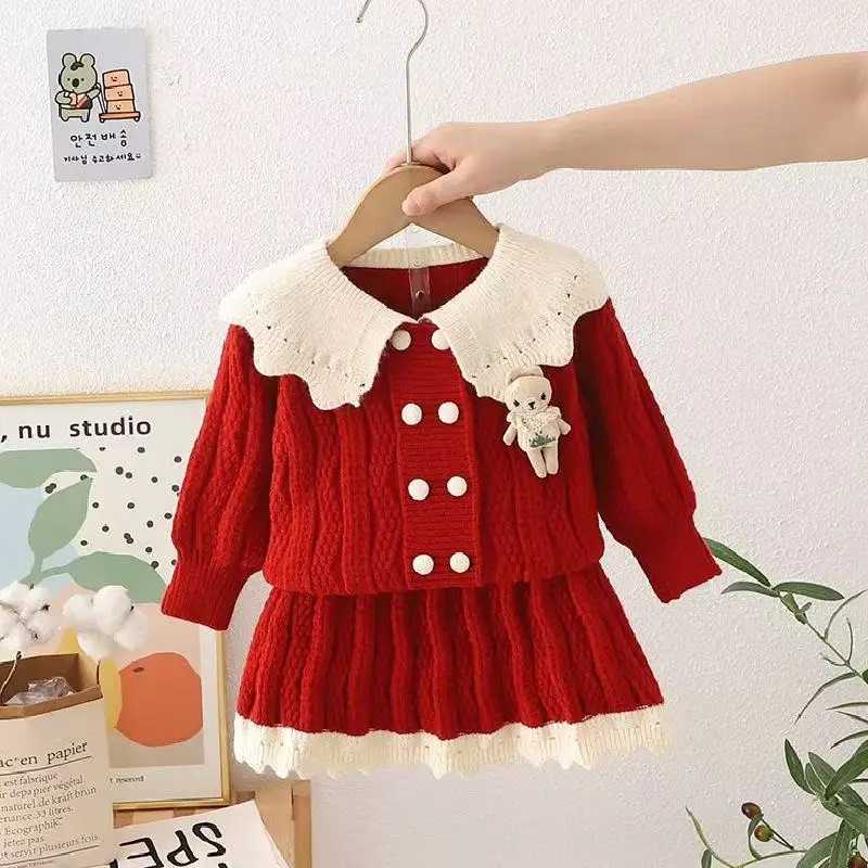 Girls Sweater Set Childrens Cardigan Stylish Autumn and Winter Princess Fashionable Lapel Knit Sweaterskirt Twopiece Set L2509260QUN
