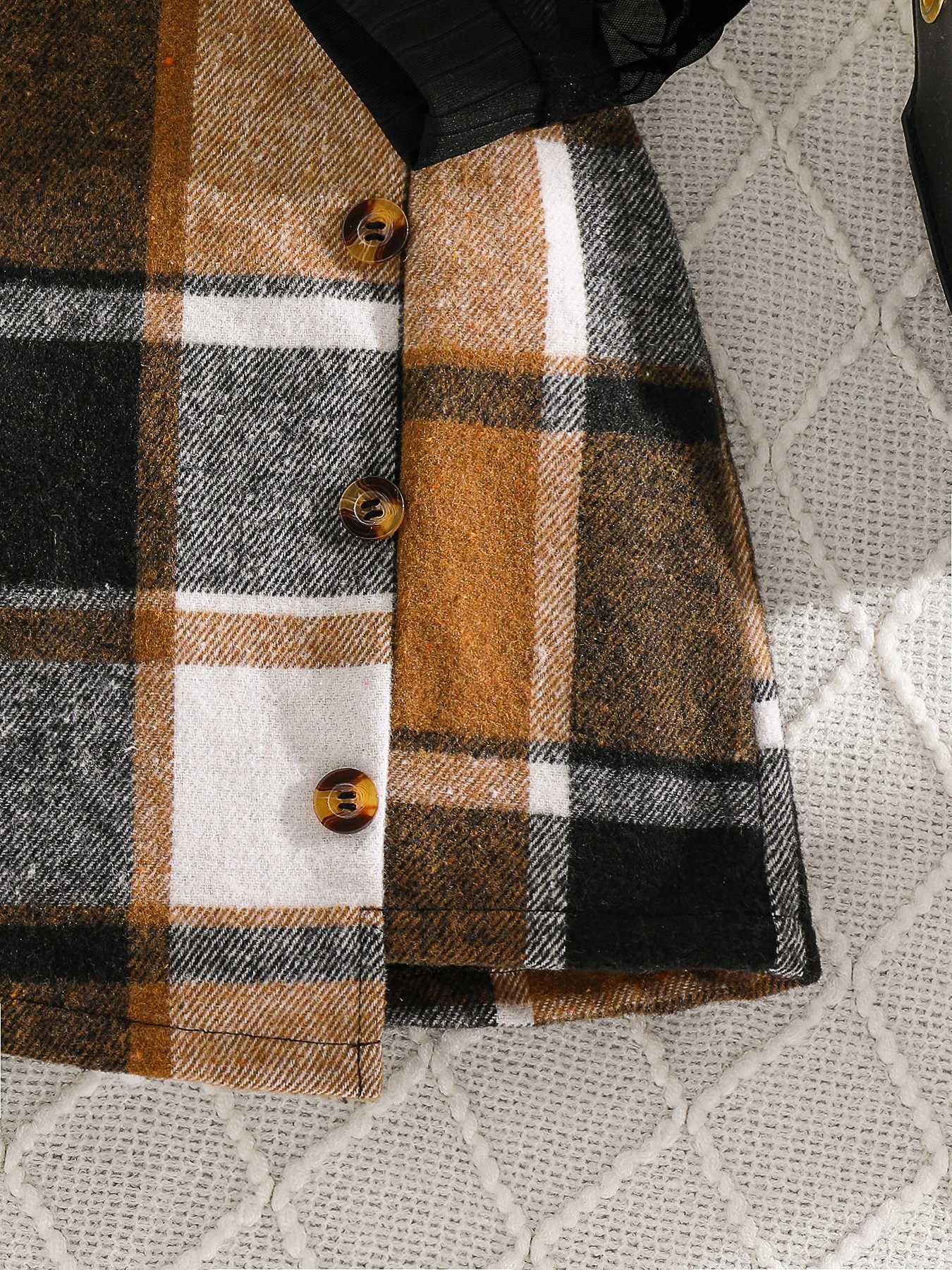 Childrens clothing girls autumn fashion set thin black round neck topcoffee small white plaid skirt L250926EKF8