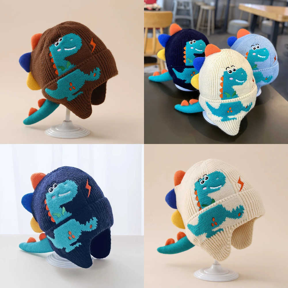 Winter Warm Baby Ear Protection Hat 3D Dinosaur Kids Earmuffs Cap Cartoon Toddler Woolen Knitted Hats 26 Years Children Beanies L2509254IJI