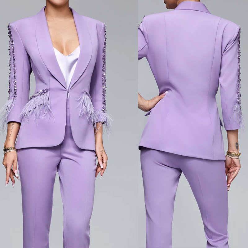 Elegant Purple Women Pants Suits Crystal Beading Red Carpet Lady Slim Fit Wear Prom Birthday Jacket Coat Customized 2 Pieces