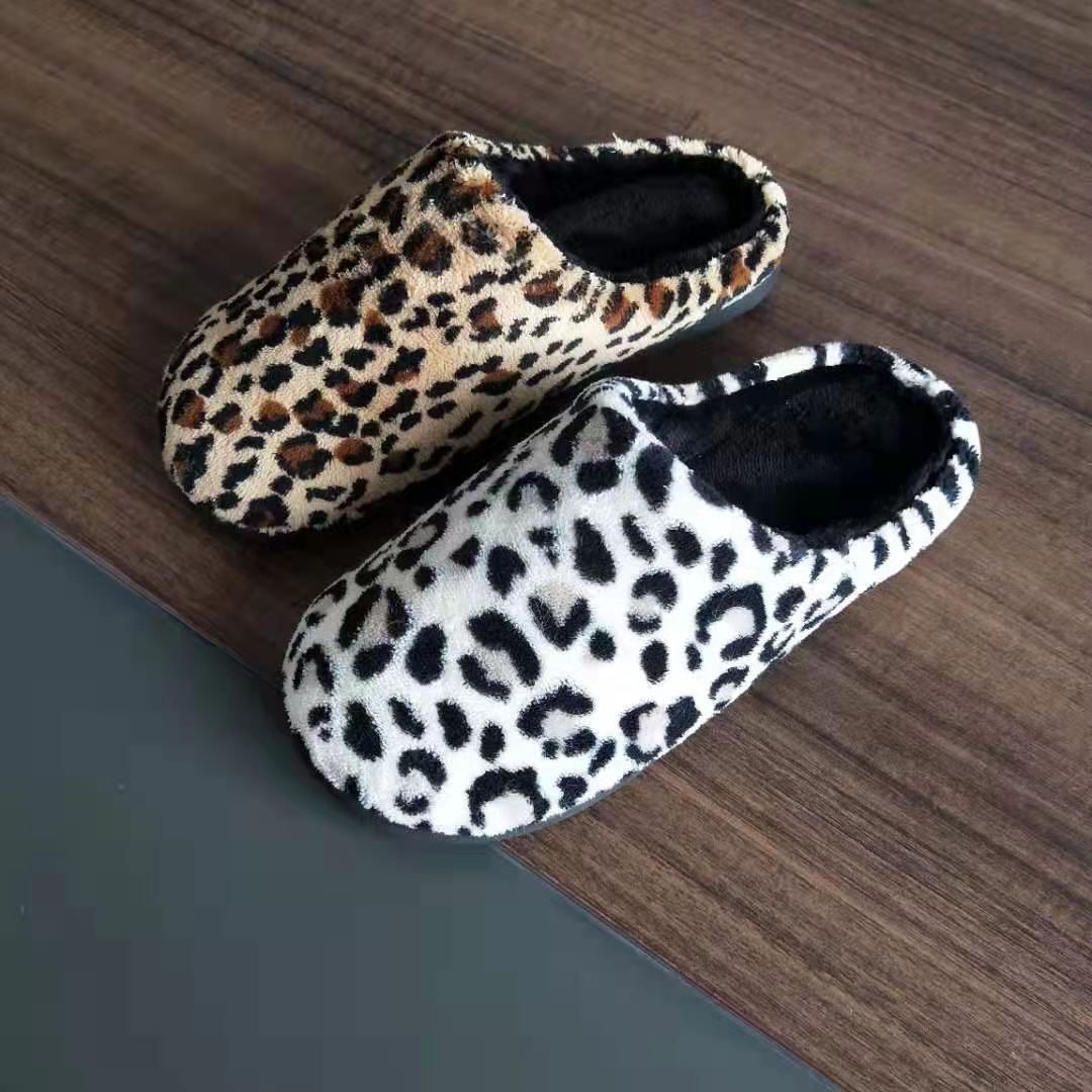 Leopard Print Memory Foam Shoes Round Toe Home Warm Simple Shallow Mouth Black Cotton Slippers ddmymarket