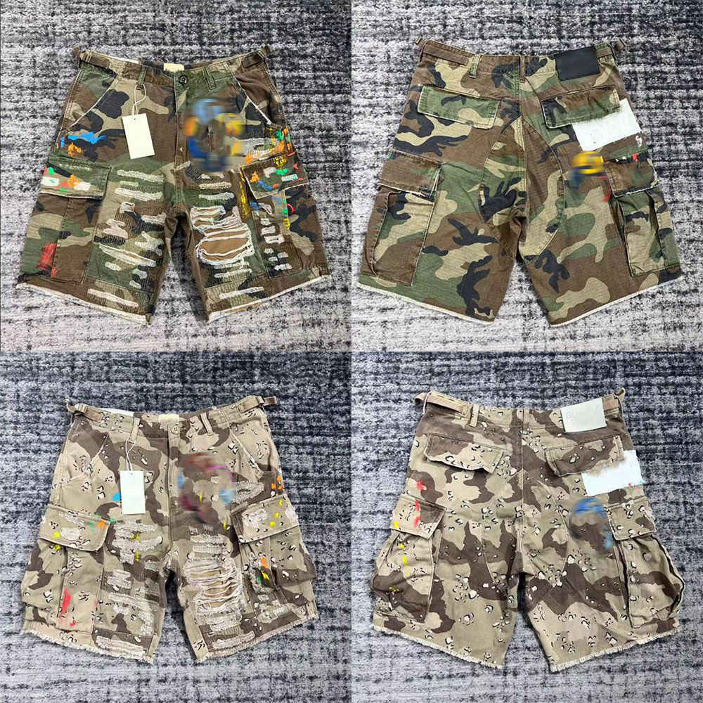 Designer Mens Shorts Camouflage Patchwork Leather Letter High Street Vintage Hip Hop Worn Work Denim Shorts Men