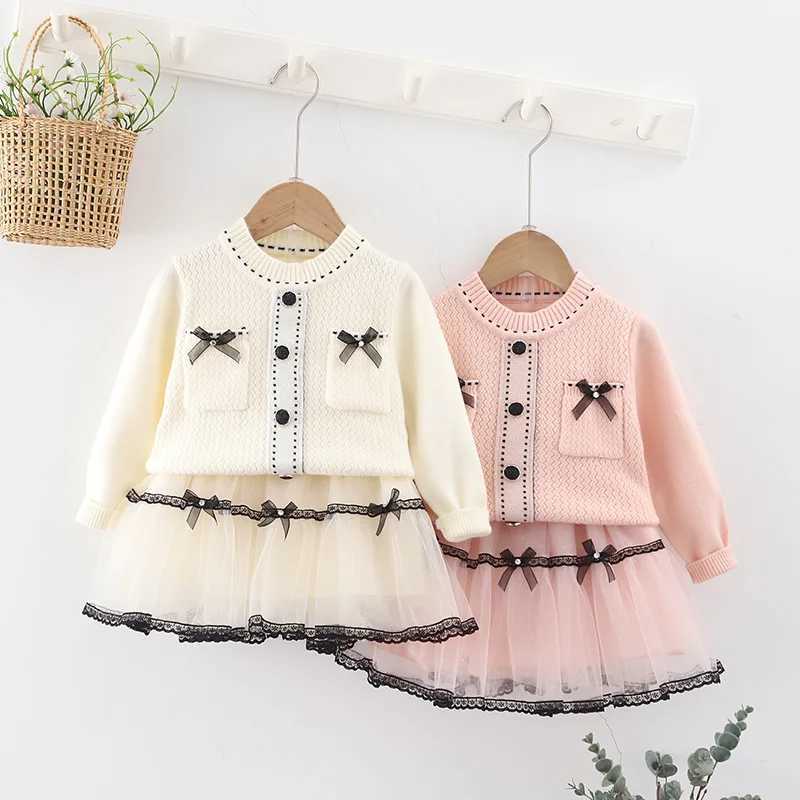 Children Sweater Set Korean Autumn Winter 2025 New Girls Sweet Bow Knitted Top Mesh Skirt Two Piece Set L2509263HZY