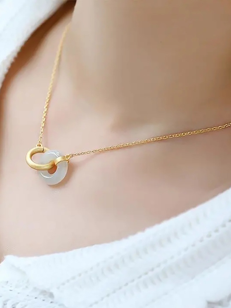 Natural Hetian Green Jade Necklace Fashionable Fresh Style Sier Jewelry Gold-Plated Interlocking Rings
