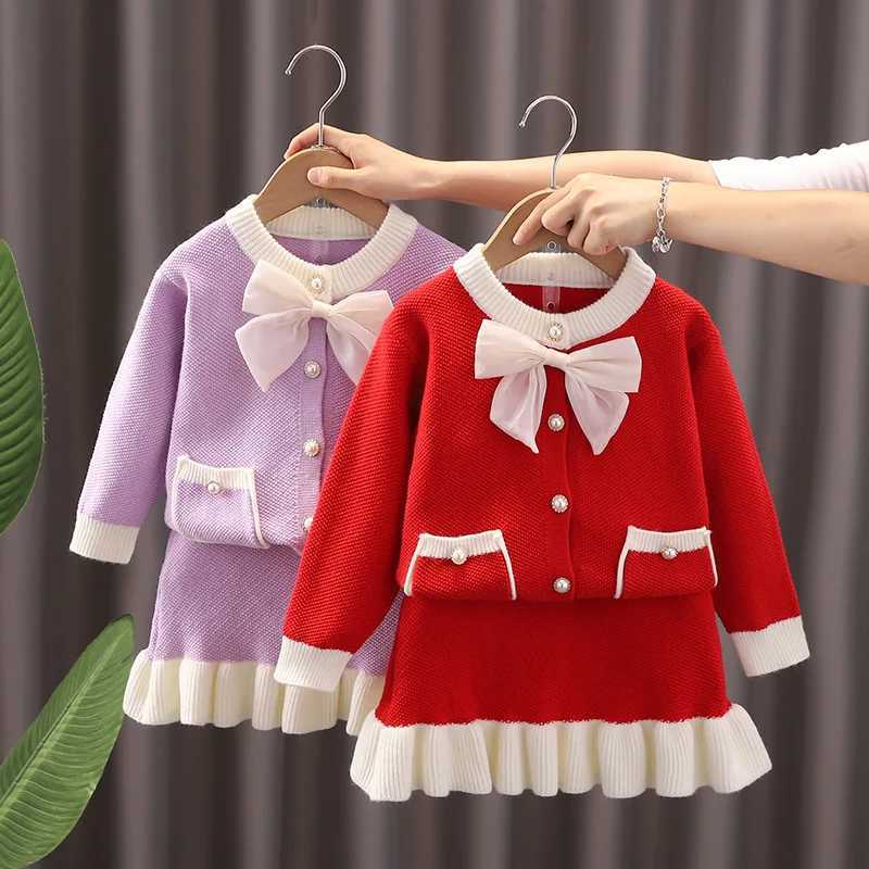Childrens Sweater Set AutumnWinter Korean Edition Girls Bow Knitted Little Fragrant Wind Princess skirt Infant Two Piece Set L2509261O7J