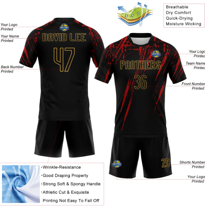 Custom Black Red-Old Gold Splash Sublimation Volleyball Uniform Jersey