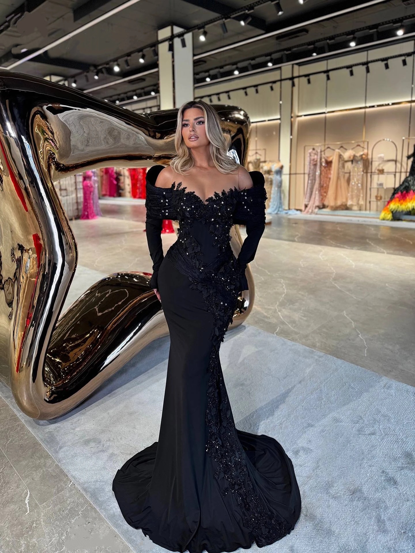 Vintage Appliques Evening Dresses Off Shoulder Prom Gowns Beading Rhinestone Long Sleeves Sequins Princess Customized Vestidos De Noche Plus Size
