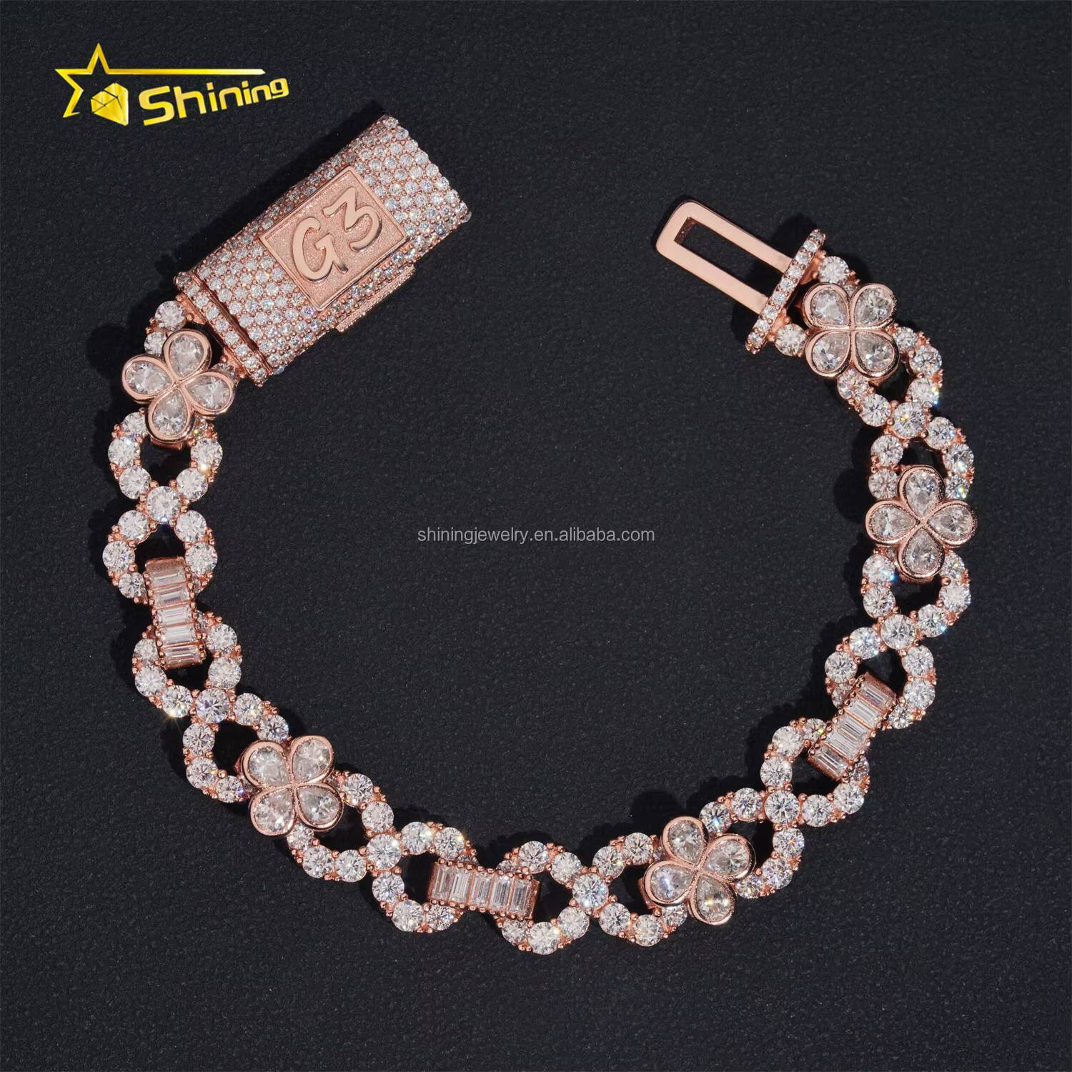 Custom Unique Design Name Lock Hip Hop 10mm PearBaguette VVS1 Moissanite Diamond Iced Out S925 Silver Infinity Cuban Bracelet