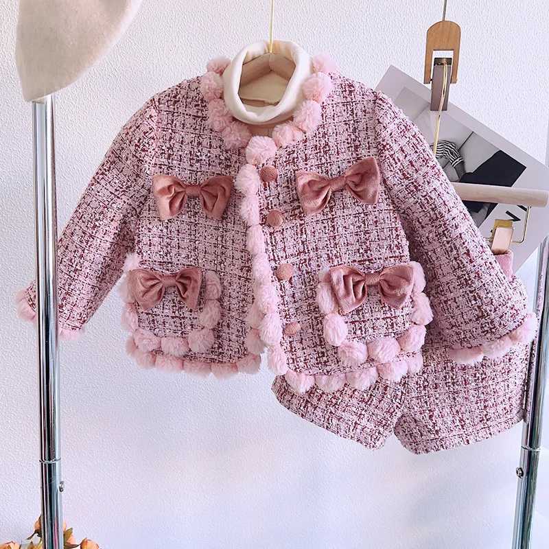 Childrens Set New Korean Thickened Butterflyknot Jacket Shorts Twopiece Set for Autumn and Winter Kids Clothes L25092622BC