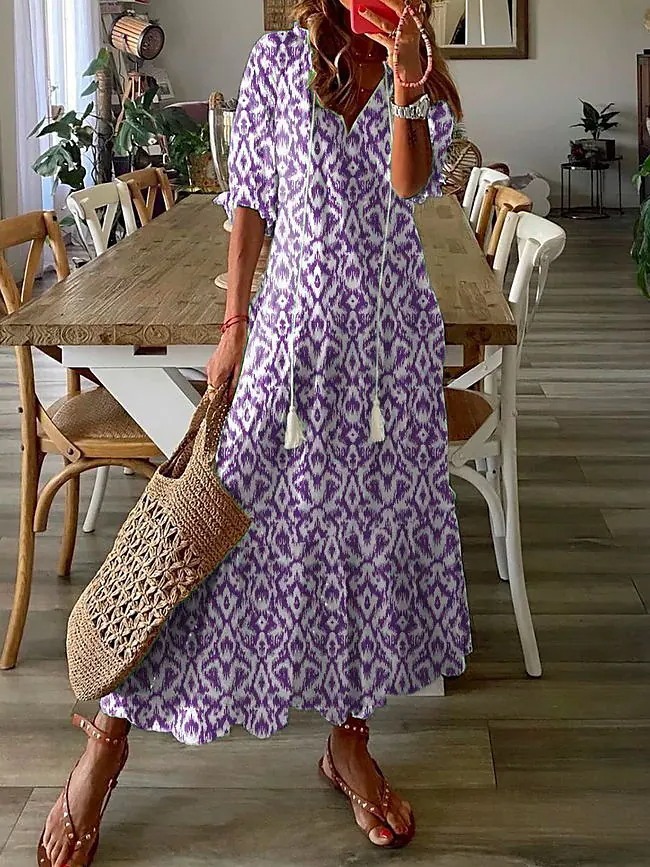 Casual, sweet, loose V-neck printed beard-style mid-length long dress for women with sleeves