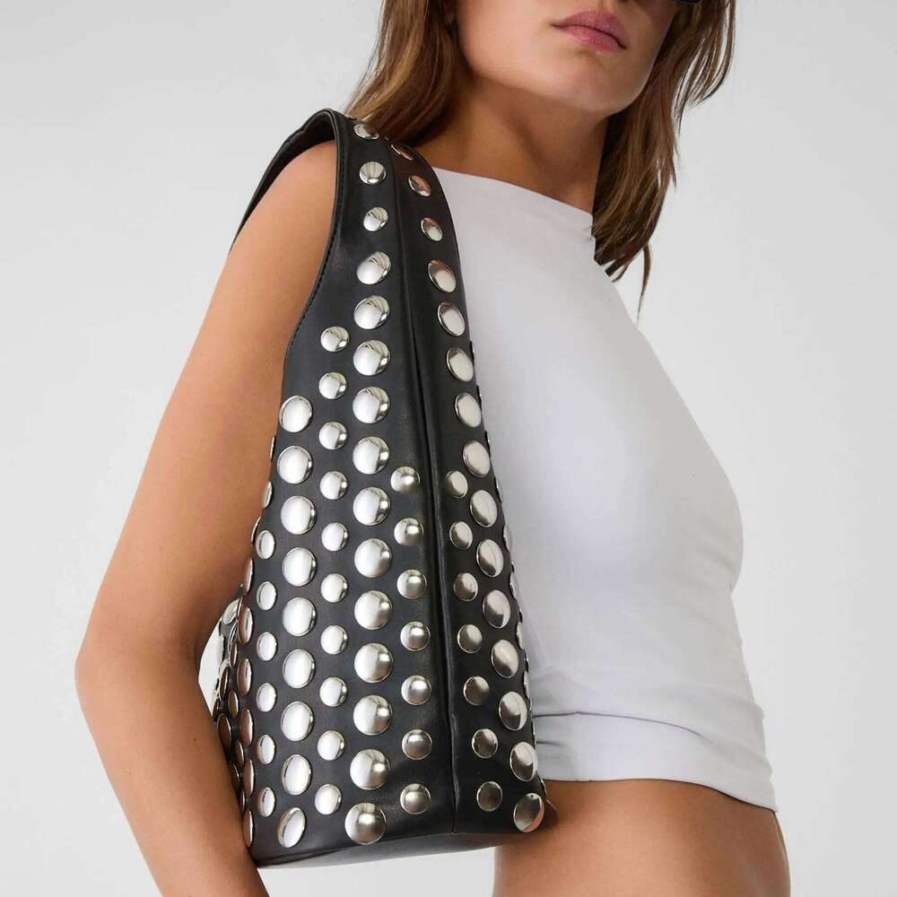 Punk Style Embellished Double-Faced Round Rivet Inlaid Niche Bucket Chic Lady Underarm Large Capacity Shoulder Bag