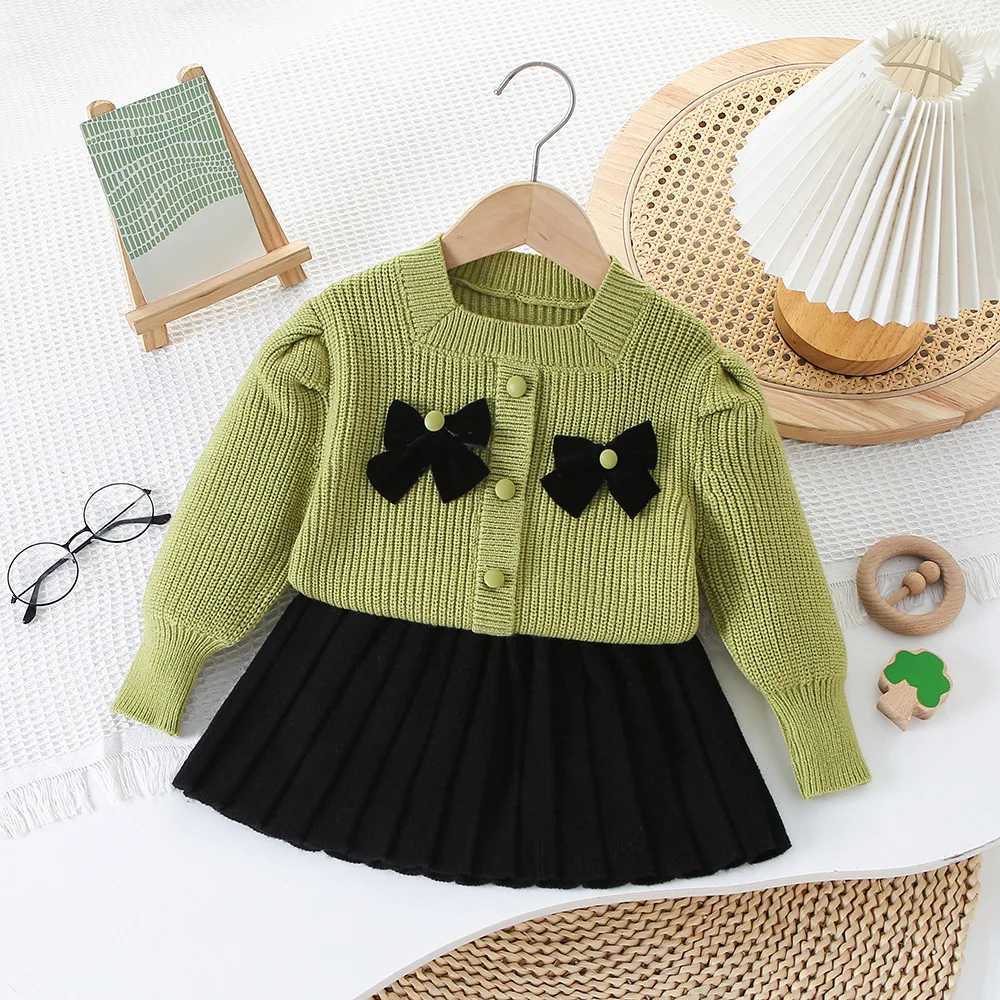 Childrens Sweater Skirt Square Neck Bow Knitted Twopiece Set Baby Girl Autumn and Winter New Korean Sweater Skirt L2509269WL3