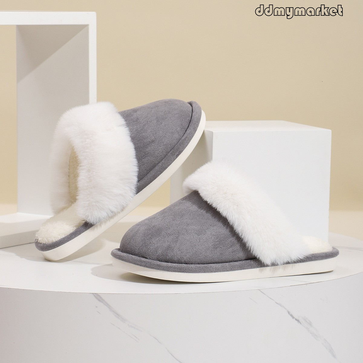 Autumn and Winter Hot-Selling Fashion Versatile Fleece-Lined Warm Closed-Toe Soft Sole Large Fur Indoor Home Cotton Slippers ddmymarket