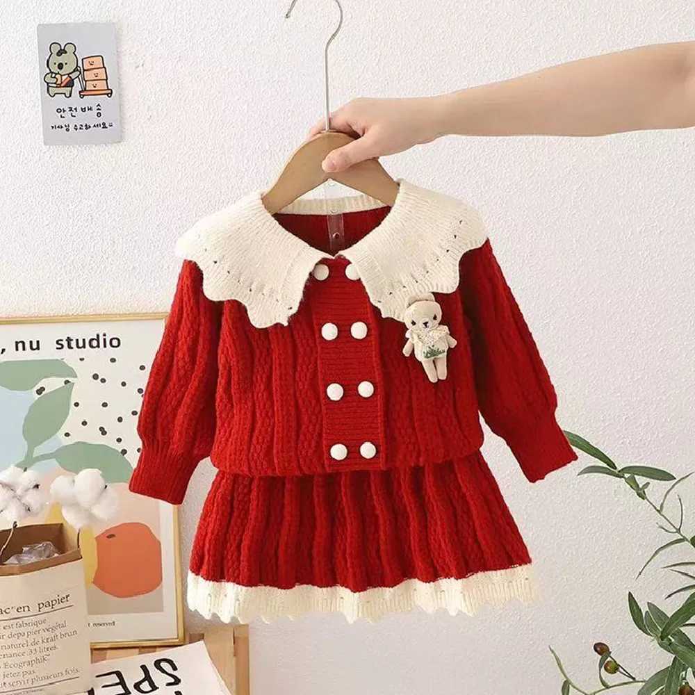 Girls Sweater Set Childrens Cardigan Stylish Autumn and Winter Princess Fashionable Lapel Knit Sweaterskirt Twopiece Set L2509260QUN