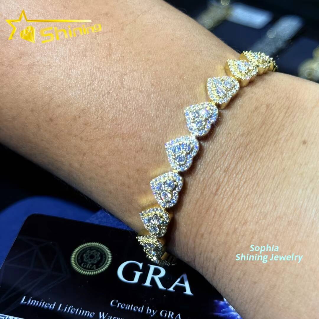 Heart Design Solid Silver 925 Hip Hop Iced Out Cuban Link Bracelet 8mm VVS Moissanite Diamond Womens Fine Jewelry Bracelet