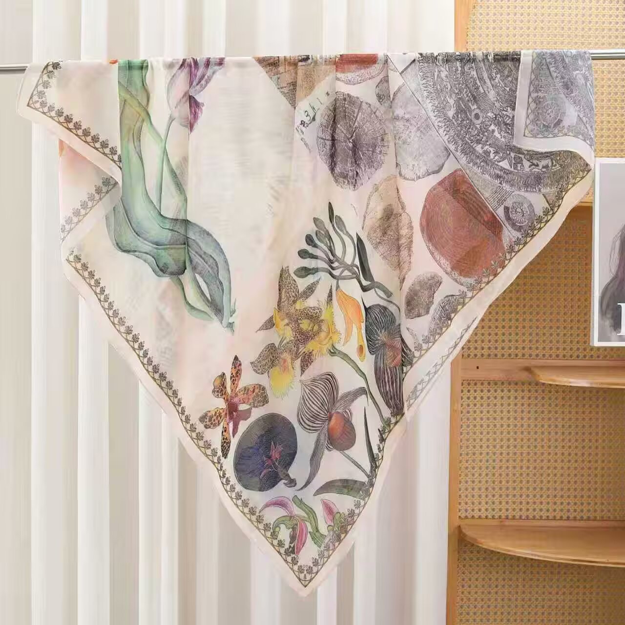 Versatile 110X110Cm Retro Polyester Cotton Square Scarf Warm Wrap For Travel Office Party Daily Commute