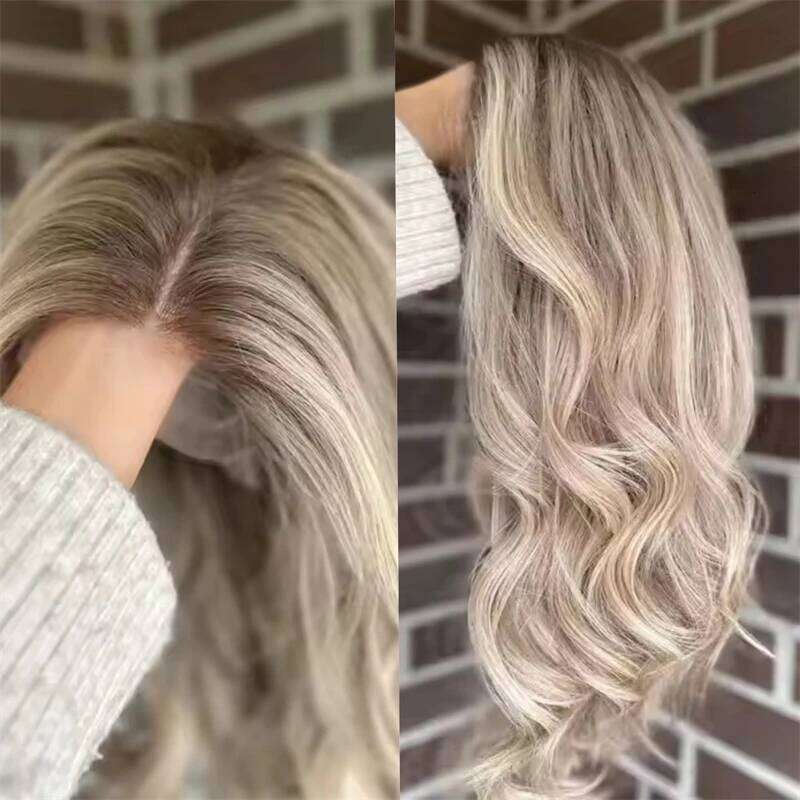 Invisible Transparent Ombre Platinum Blonde with Dark Roots Party Lace Front Wig Synthetic HD Wigs For Women 20''